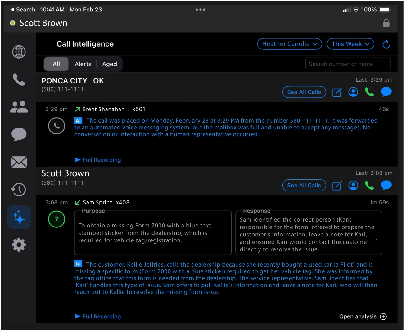 Call Intelligence dashboard showing AI-powered call summaries and analysis