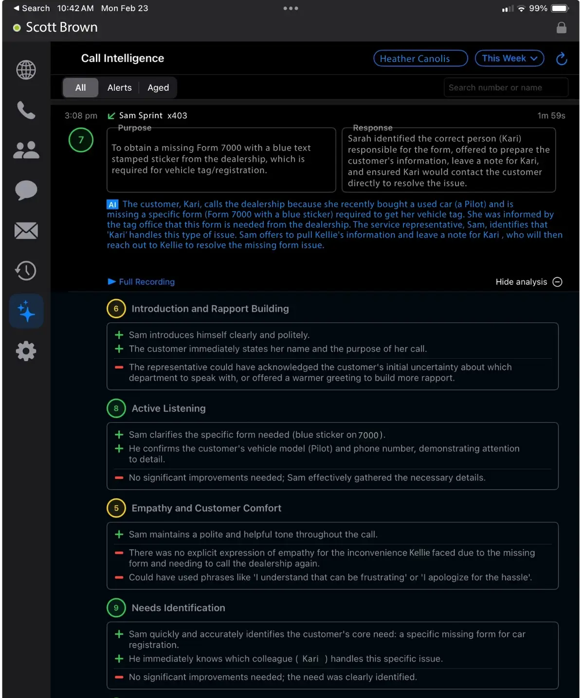 Detailed call scoring dashboard with performance ratings and coaching insights