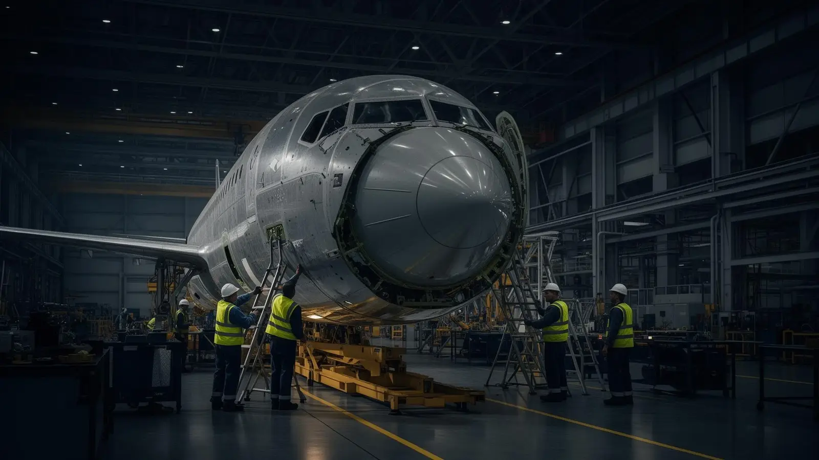 Aircraft on the assembly floor with technicians working alongside it in a manufacturing hangar