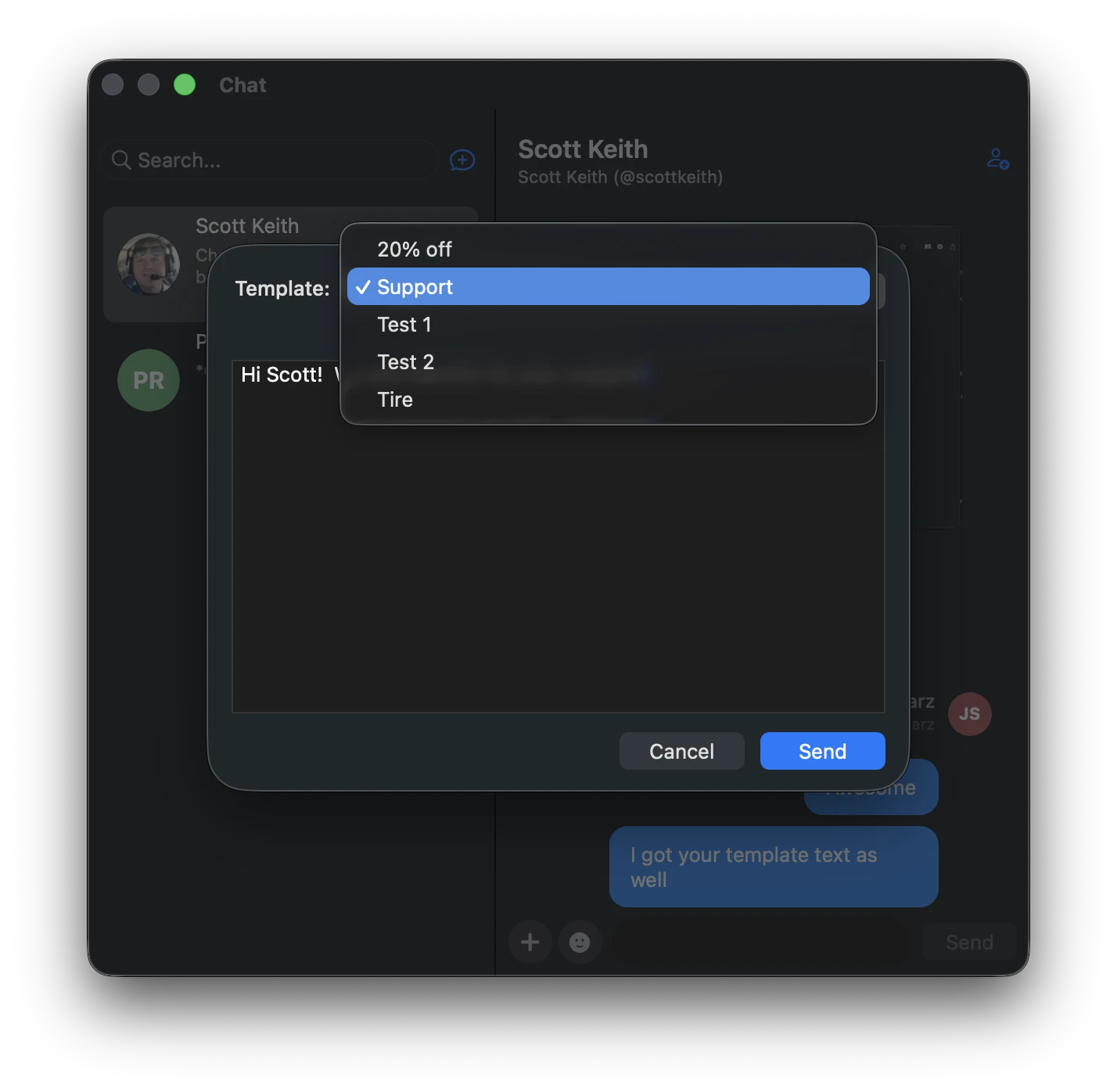 SMS template selector showing customizable message templates